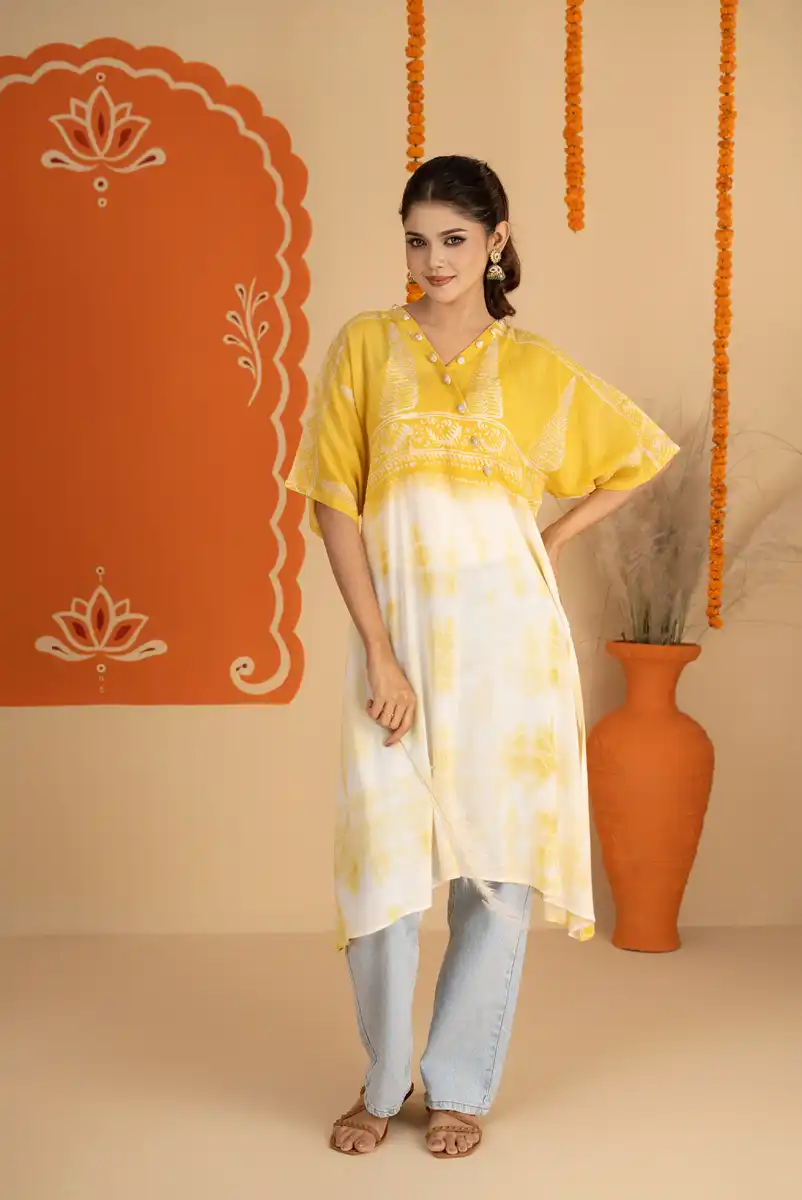 Women's Festive Casual Wear Yellow Ombre Printed A-Line One Piece Kurti Dress