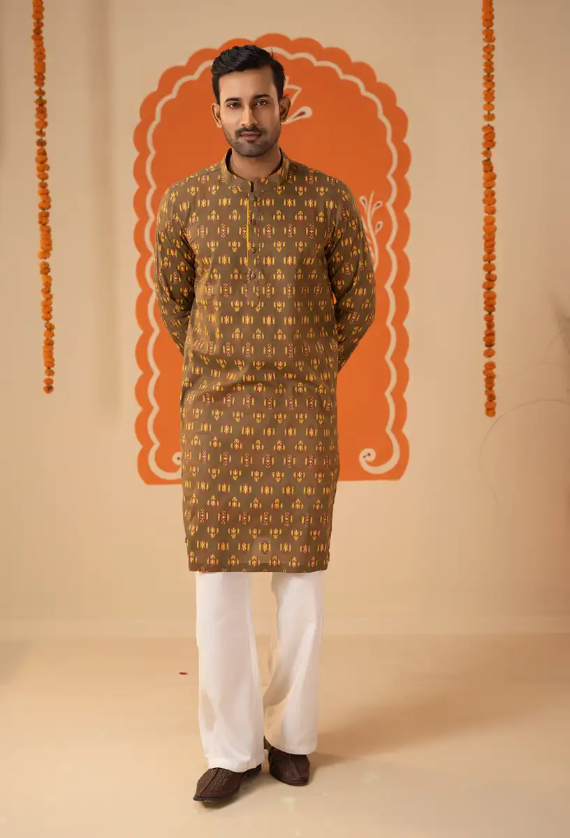Men’s Olive Brown All-Over Printed Panjabi Traditional Geometric Motif