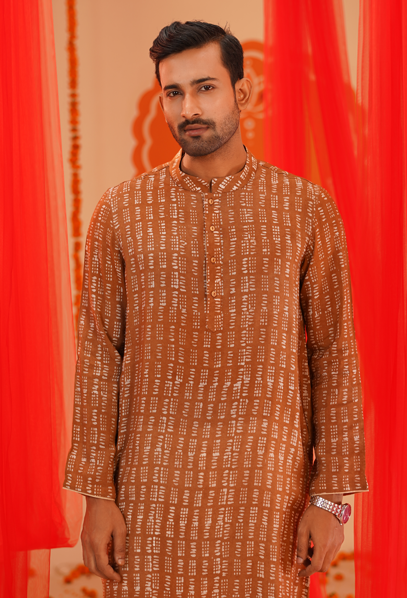 Men’s Rust Brown Wax Batik Printed Traditional Panjabi Rust Brown gallery image
