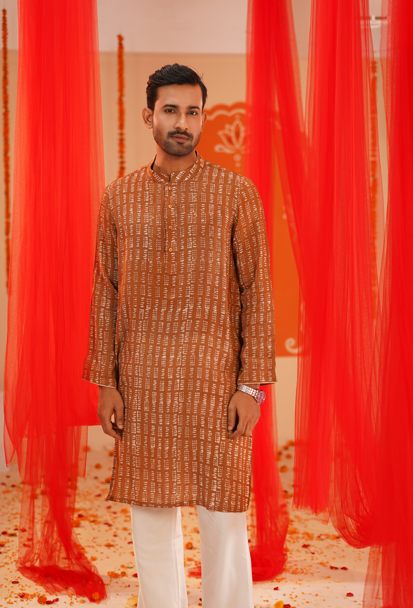 Men’s Rust Brown Wax Batik Printed Traditional Panjabi