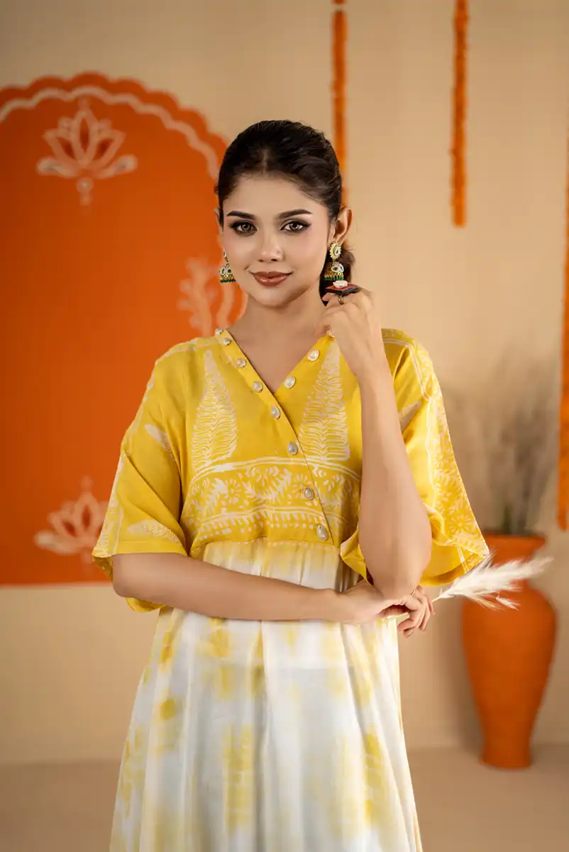 Women's Festive Casual Wear Yellow Ombre Printed A-Line One Piece Kurti Dress Royal Blue gallery image
