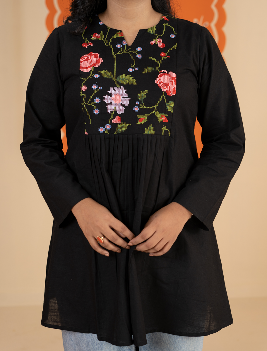 Midnight Bloom One-Piece Dress for Women’s Floral Embroidered Flared Kurti BLACK gallery image