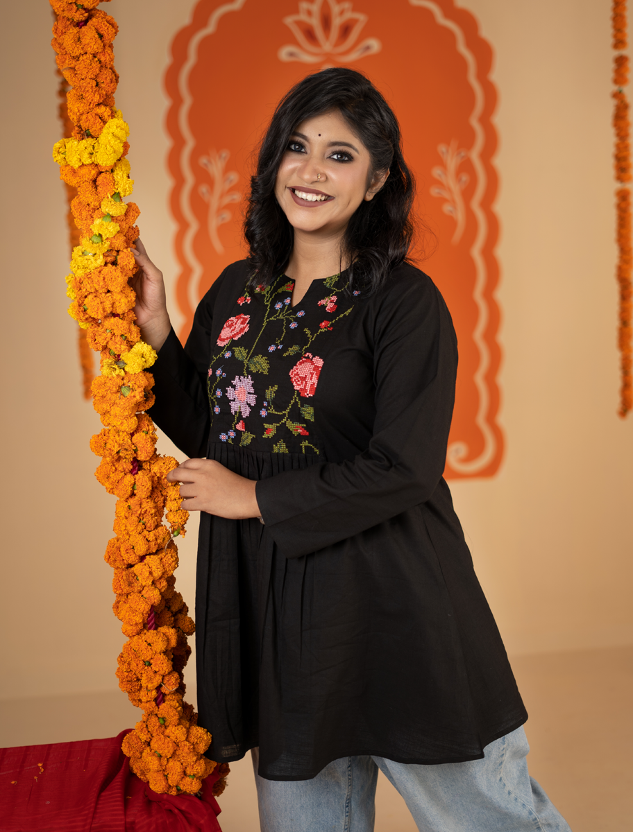 Midnight Bloom One-Piece Dress for Women’s Floral Embroidered Flared Kurti