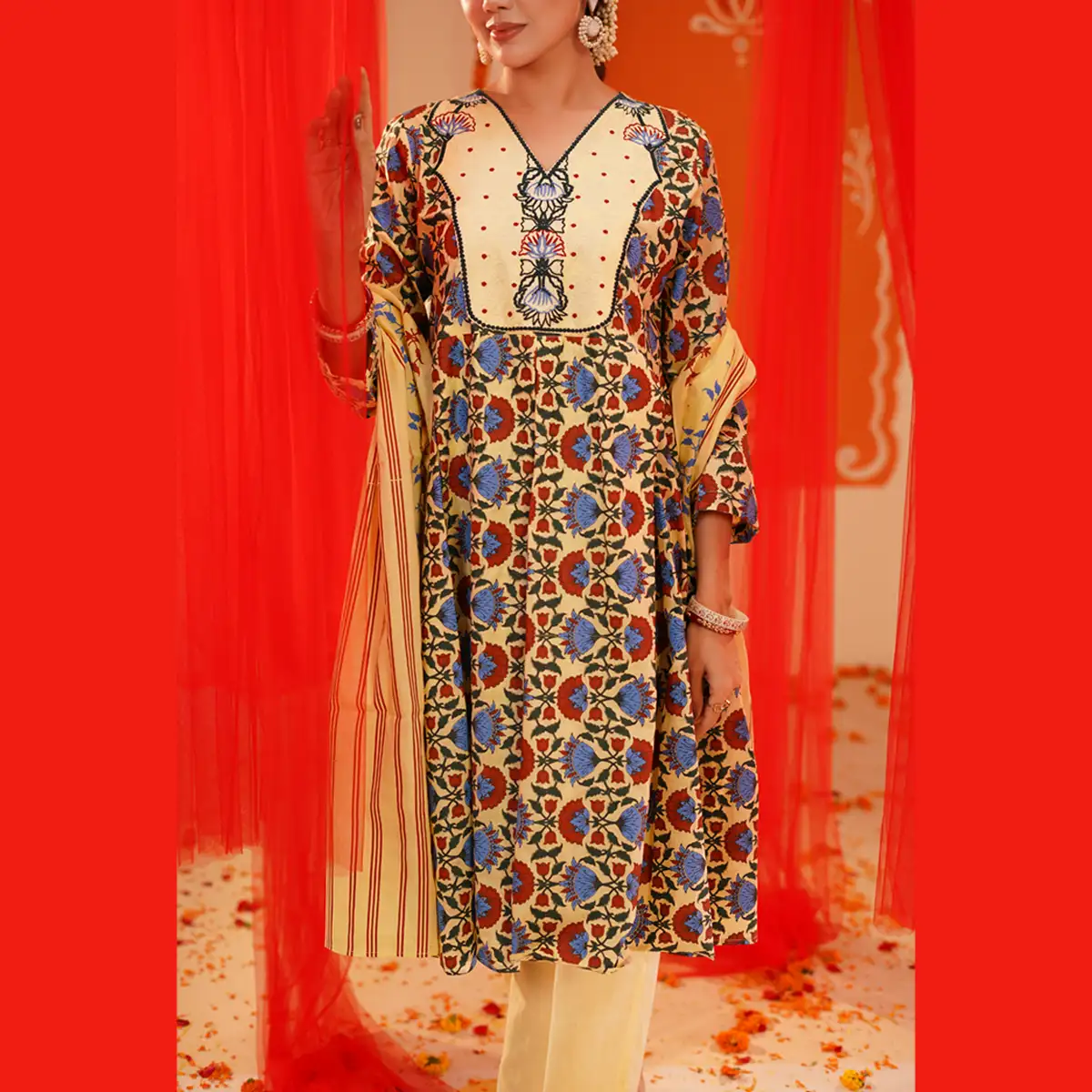 Gulbahar Heritage 3-Piece Set for Women Floral Printed Kurta, Trouser & Dupatta Cream gallery image
