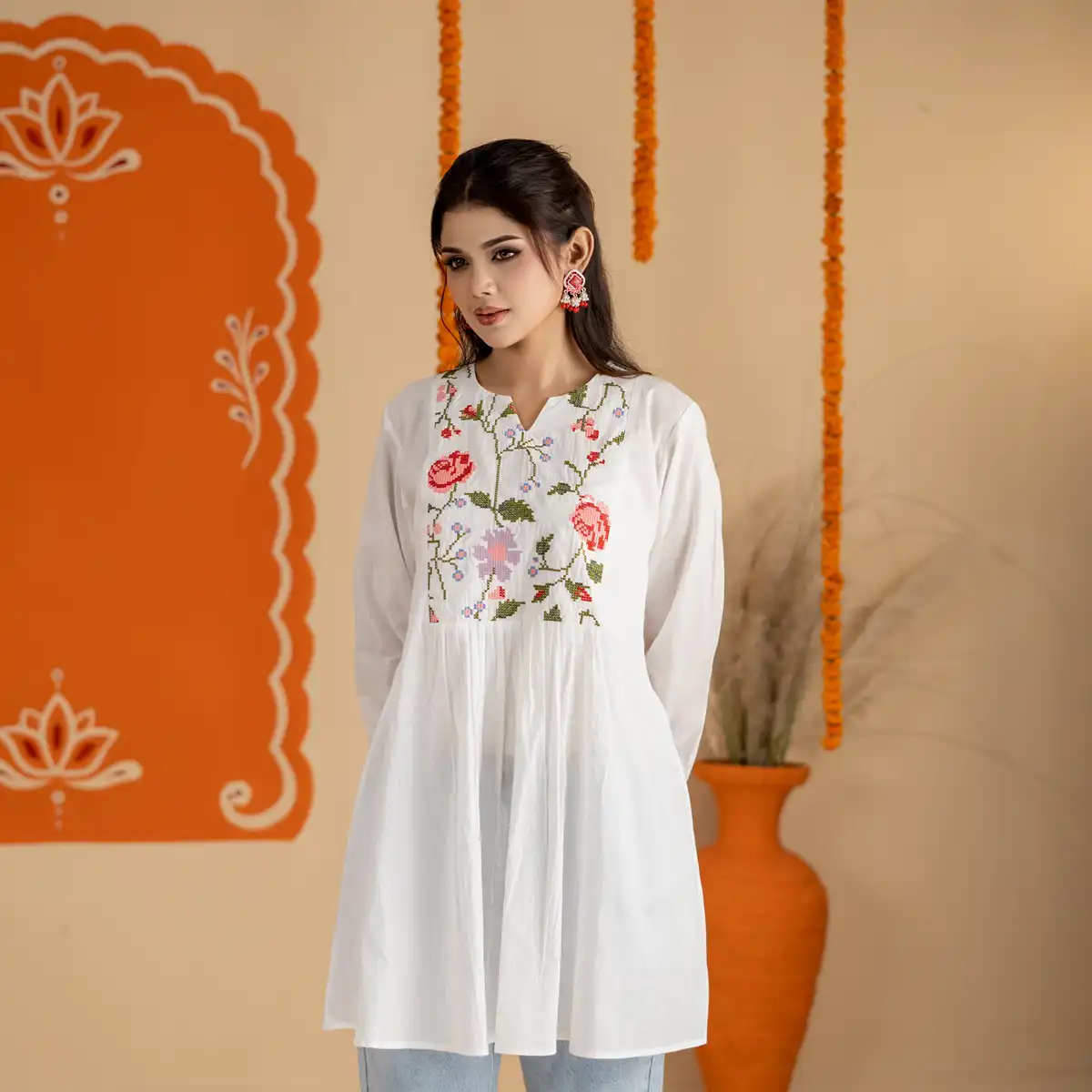 Women's White Floral Embroidered Peplum One Piece Kurti Dress White gallery image