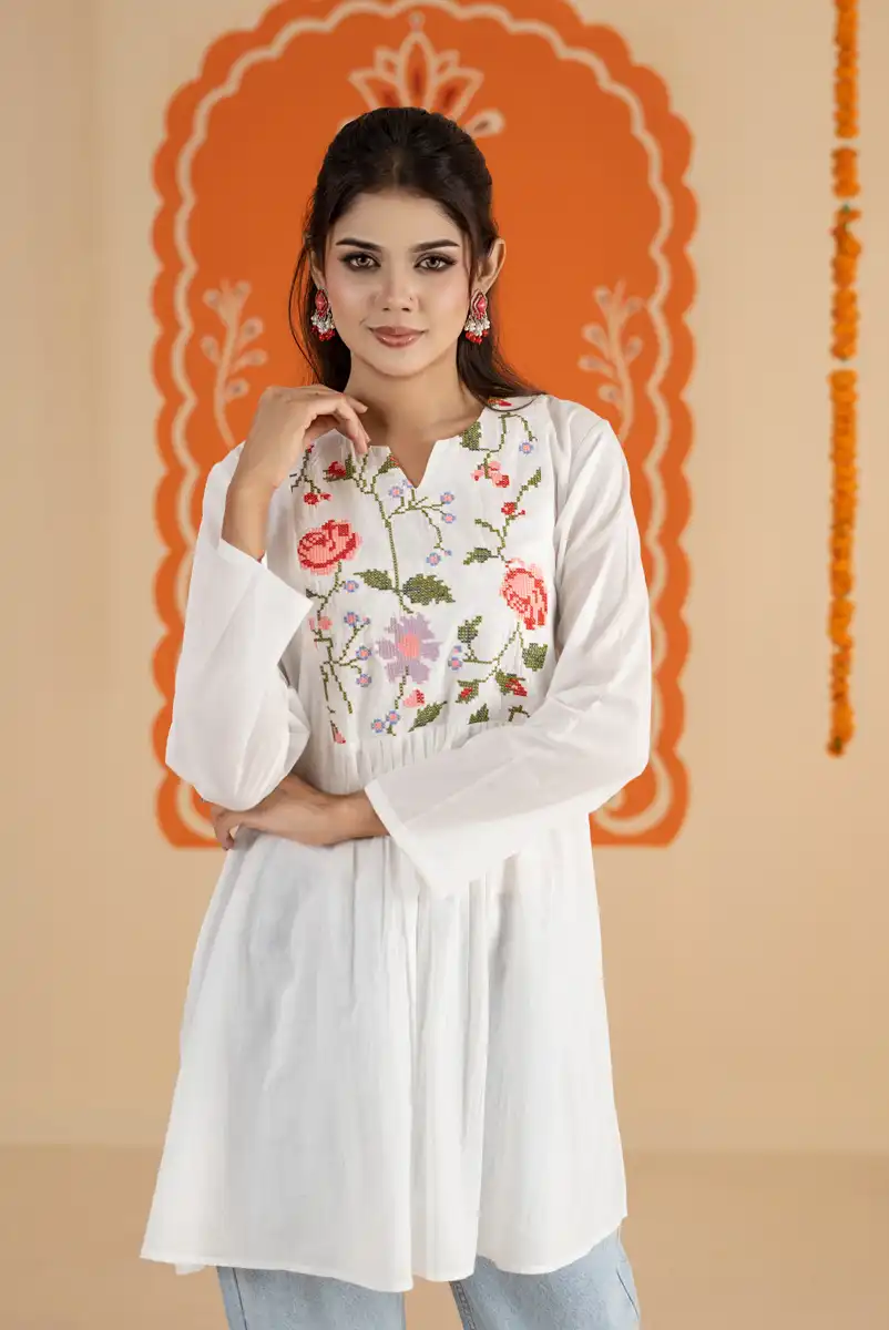 Women's White Floral Embroidered Peplum One Piece Kurti Dress
