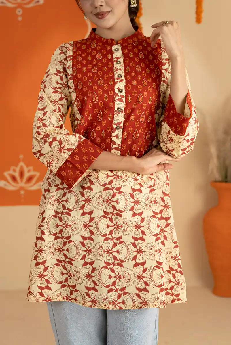 Women's Festive Casual Wear Yellow Ombre Printed A-Line One Piece Kurti Dress Copy Cream gallery image