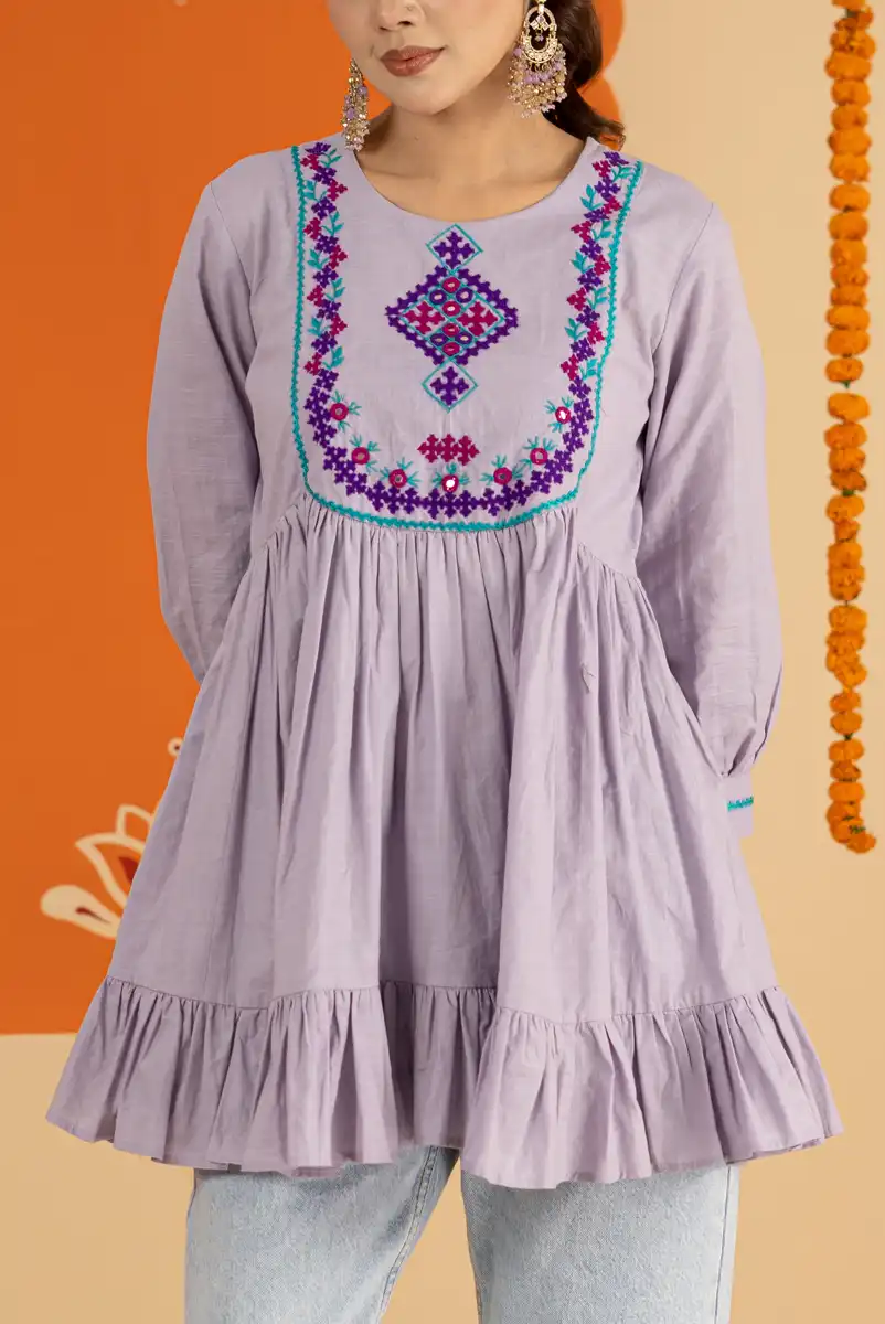 Women's Lavender Ethnic Wear Top Embroidered Peplum Style Long Kurti Cream gallery image