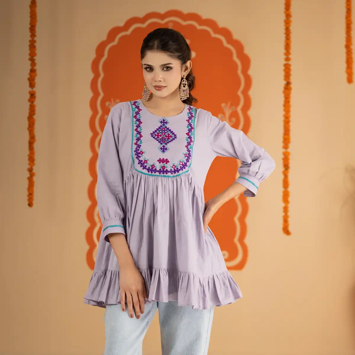Women's Lavender Ethnic Wear Top Embroidered Peplum Style Long Kurti