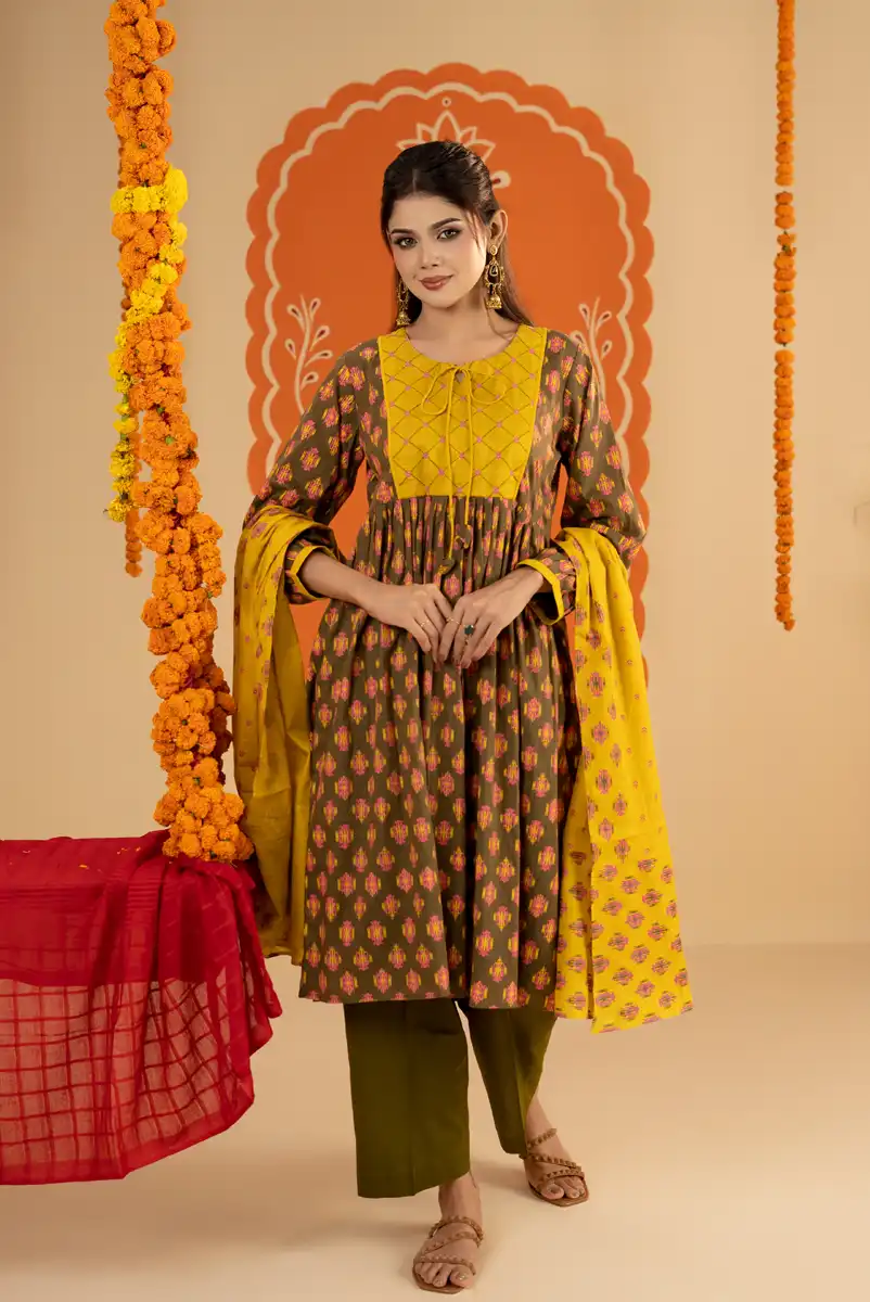 Women's Olive Green Printed Designer Three Piece Set
