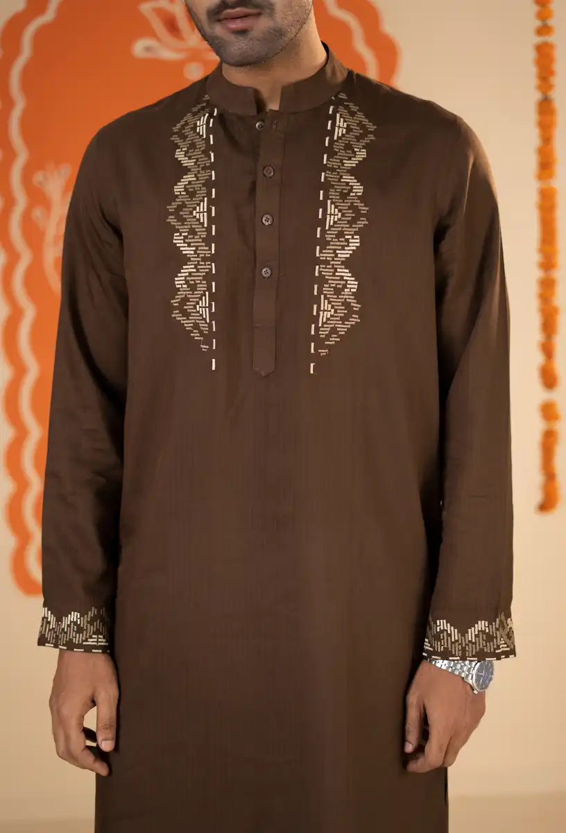 Men's Premium Dark Brown Embroidered Festive Wear Panjabi Dark Brown gallery image
