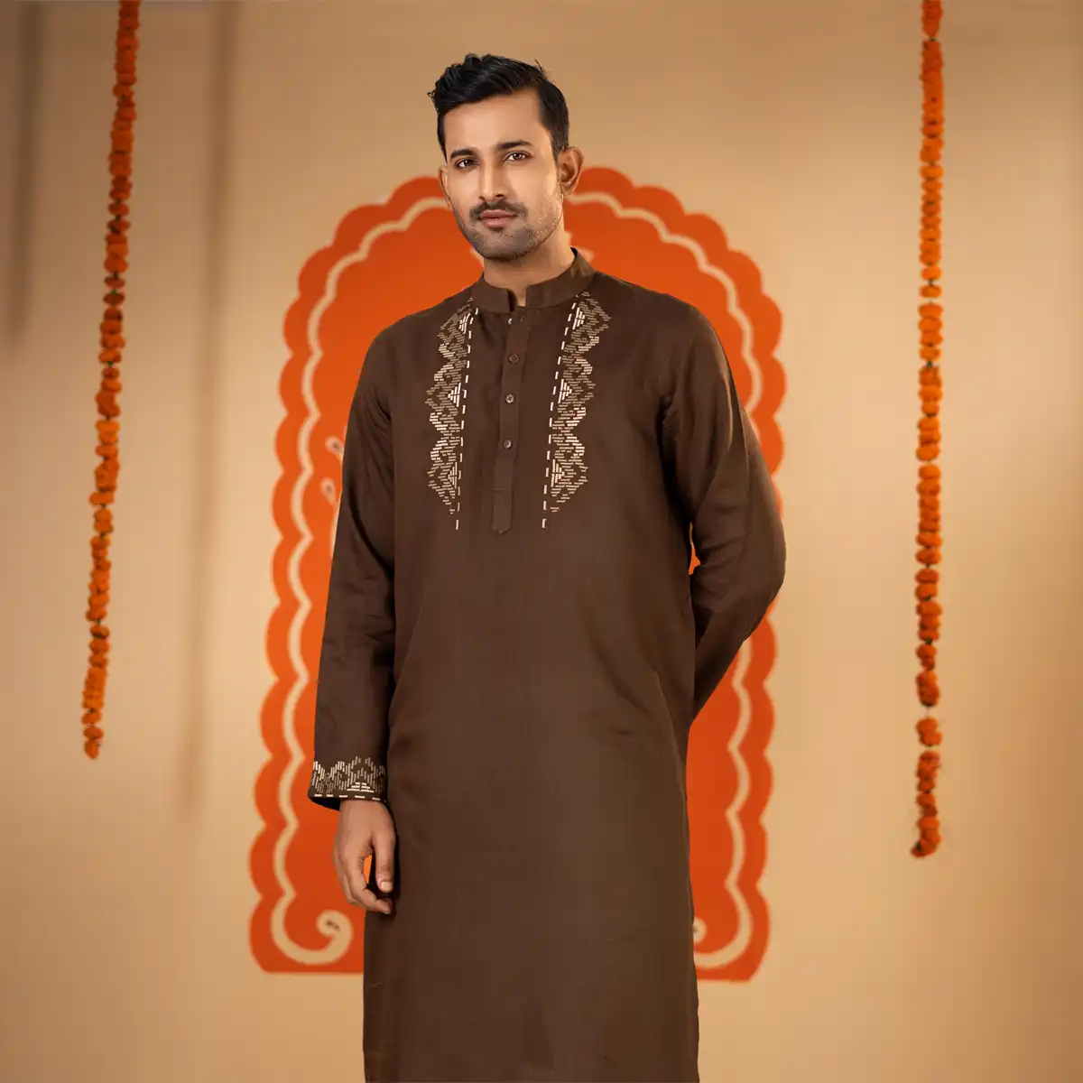Men's Premium Dark Brown Embroidered Festive Wear Panjabi