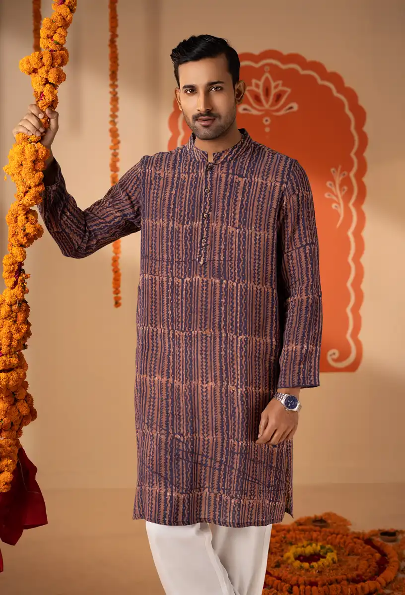 Men's Premium Malai Cotton Mombatik Candlestick Design Panjabi Navy Blue gallery image