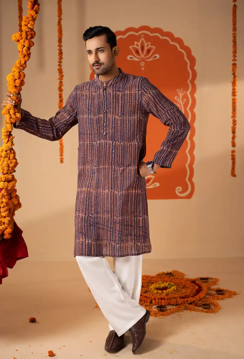 Men's Premium Malai Cotton Mombatik Candlestick Design Panjabi