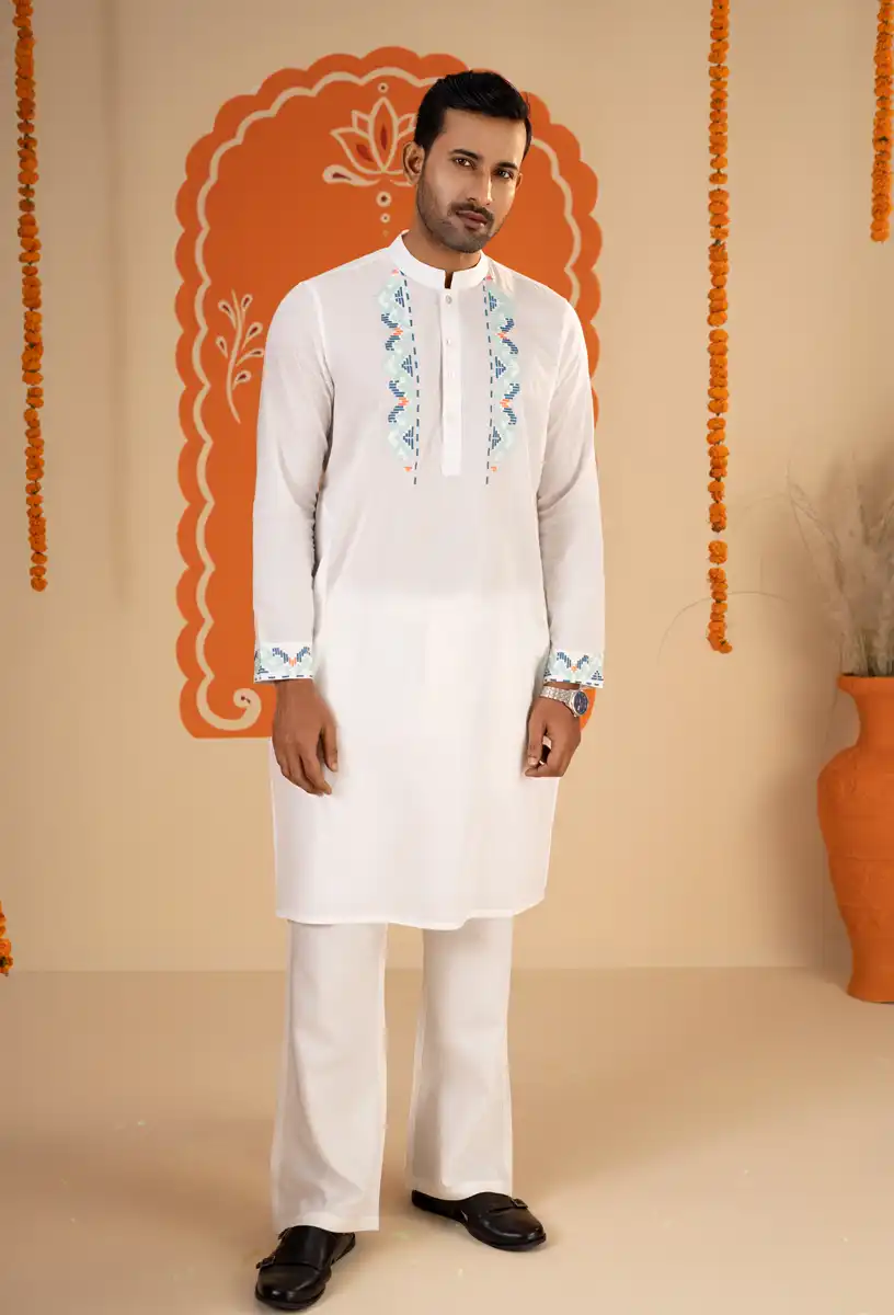 Men's White Multicolor Geometric Design Traditional Wear Embroidered Panjabi