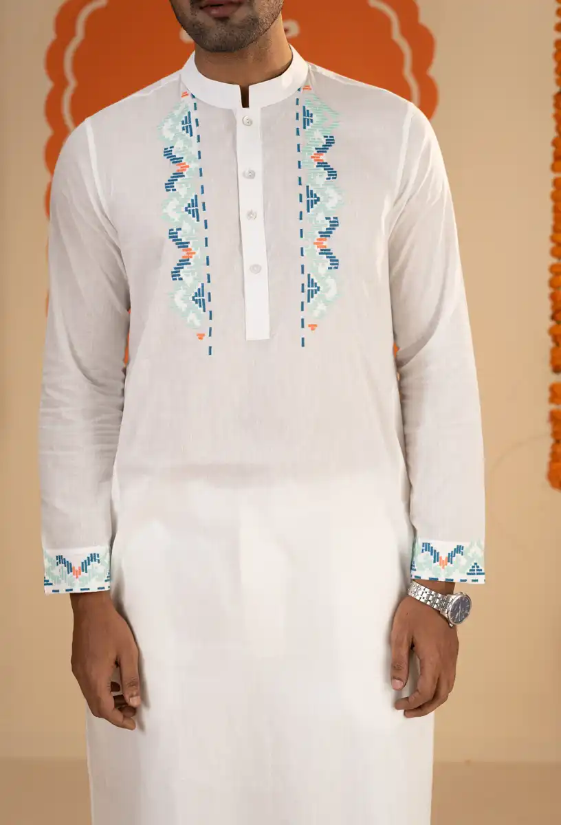 Men's White Multicolor Geometric Design Traditional Wear Embroidered Panjabi White gallery image