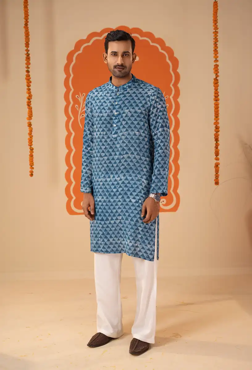 Men's Blue Geometric Candlestick Pattern Designer Traditional Panjabi
