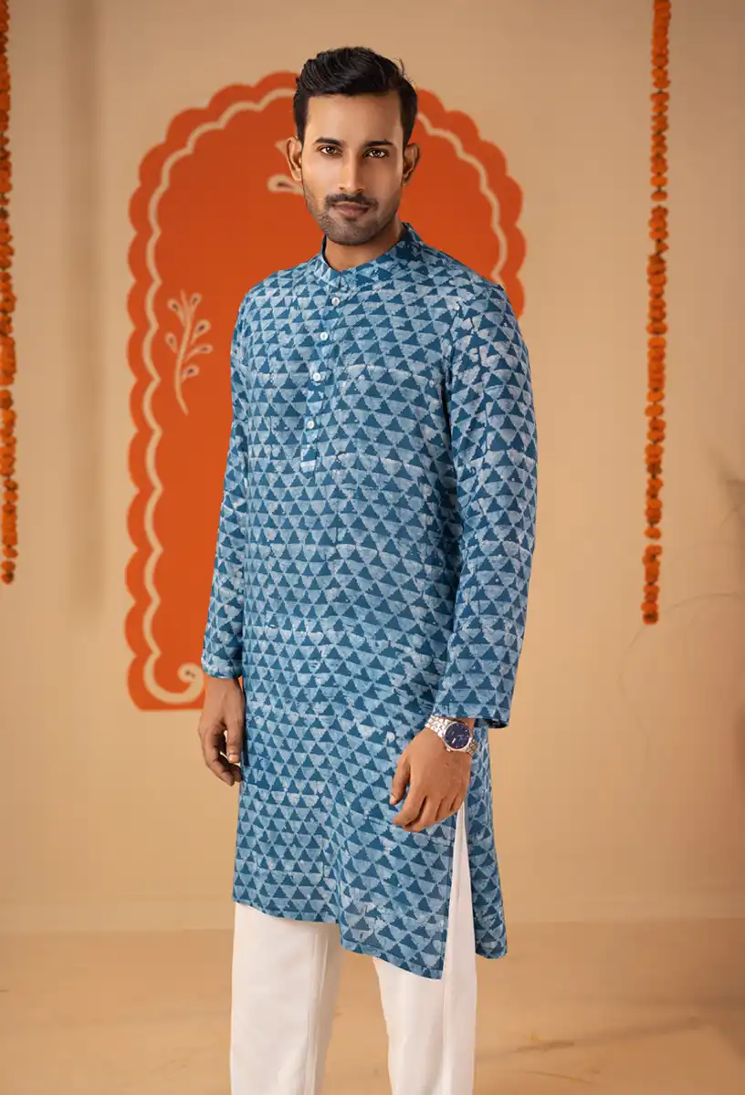 Men's Blue Geometric Candlestick Pattern Designer Traditional Panjabi BLUE gallery image
