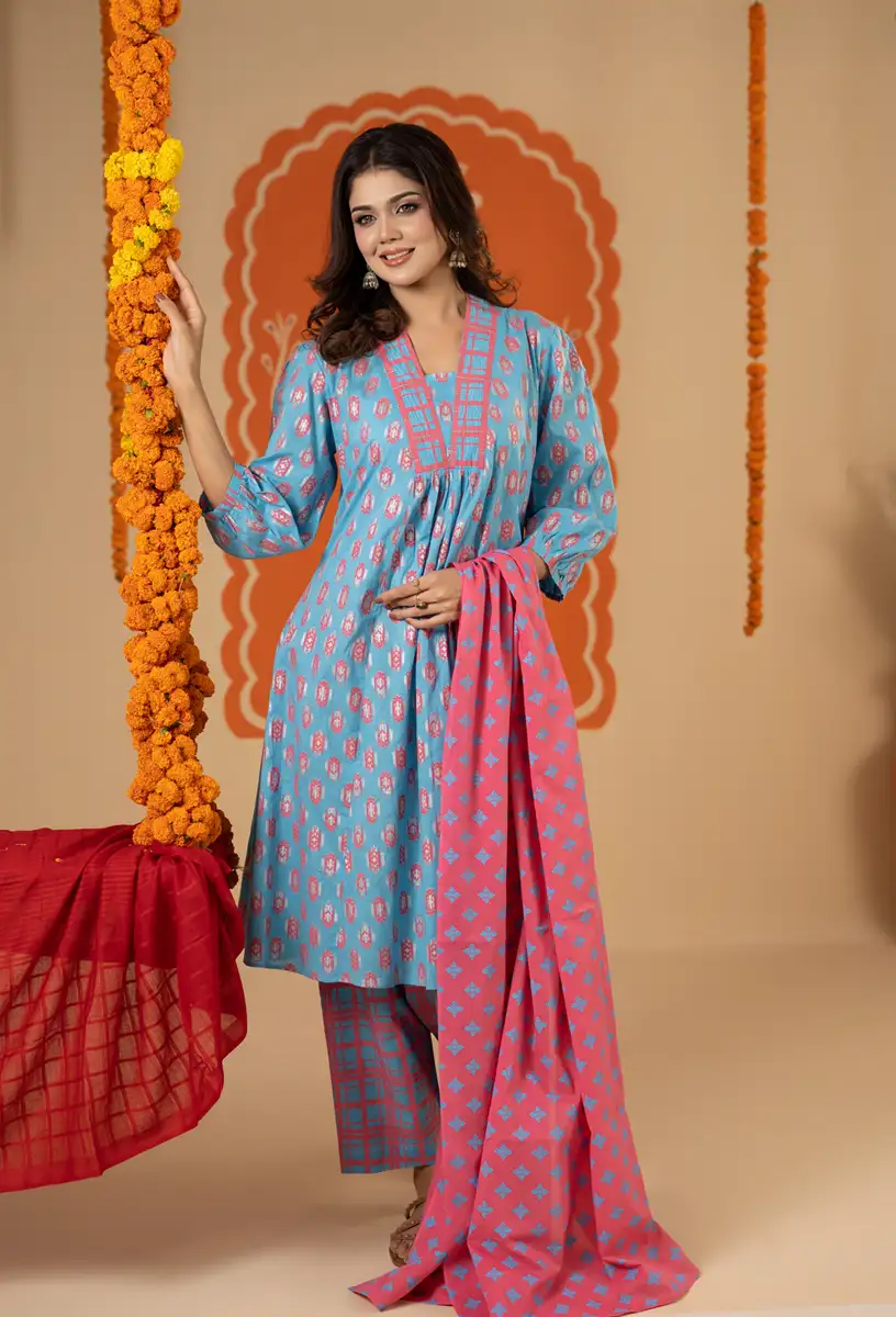 Women's Premium Sky Blue & Coral Pink Printed Three-Piece Suit Set
