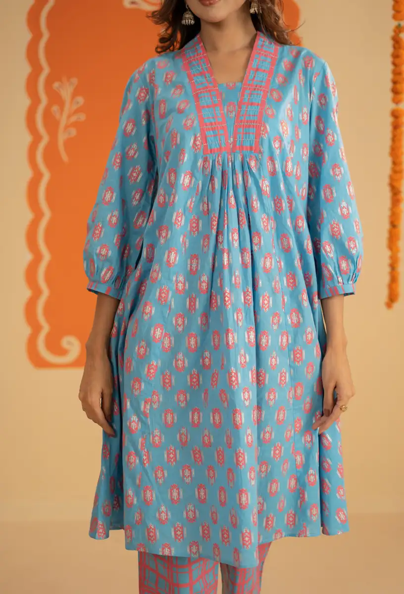 Women's Premium Sky Blue & Coral Pink Printed Three-Piece Suit Set Sky Blue gallery image