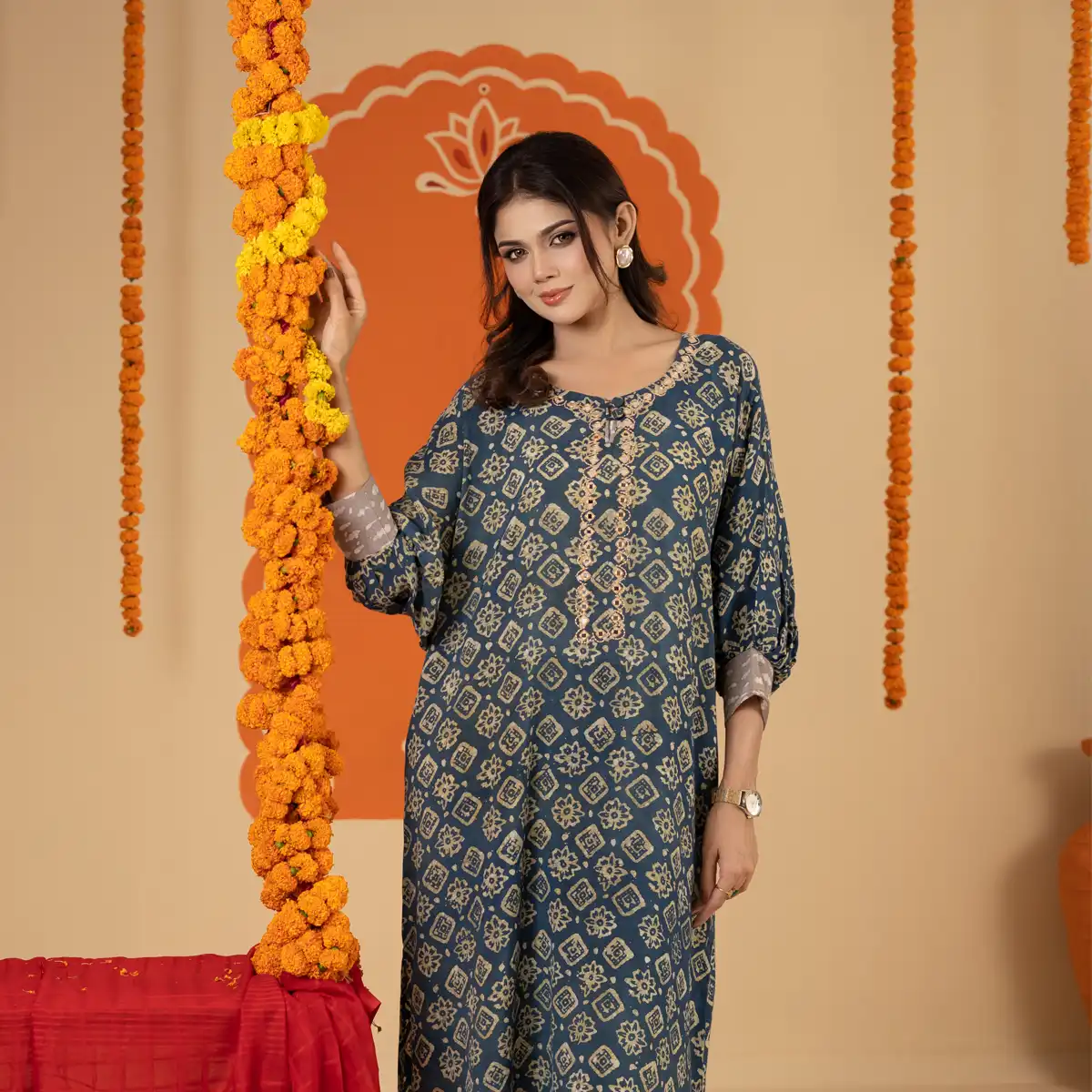 Women's Festive Ethnic Wear Printed Kurti Set with Coordinated Straight Pants Navy Blue gallery image
