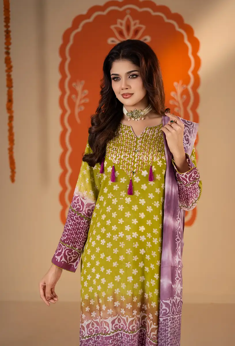 Women's Premium Lime Green & Mauve Printed Three-Piece Suit Set