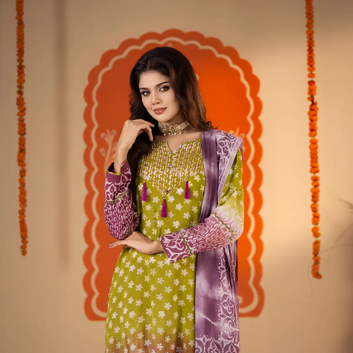 Women's Premium Lime Green & Mauve Printed Three-Piece Suit Set Lime Green gallery image