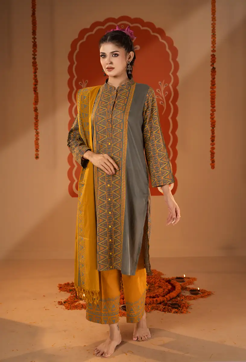 Women's Premium Embroidered Mustard & Charcoal Grey Three-Piece Set