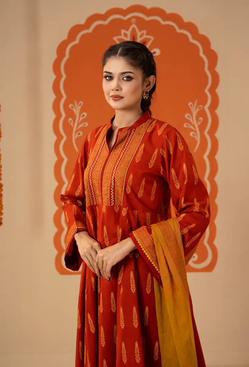 Women's Premium Red & Mustard Yellow Printed Three-Piece Suit Set