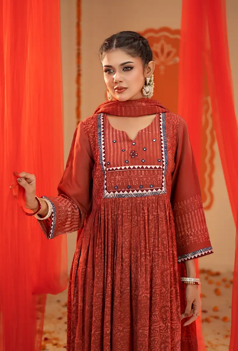 Women's Premium 3-Piece Rust Red Printed Anarkali Suit Set with Matching Dupatta Terracota gallery image