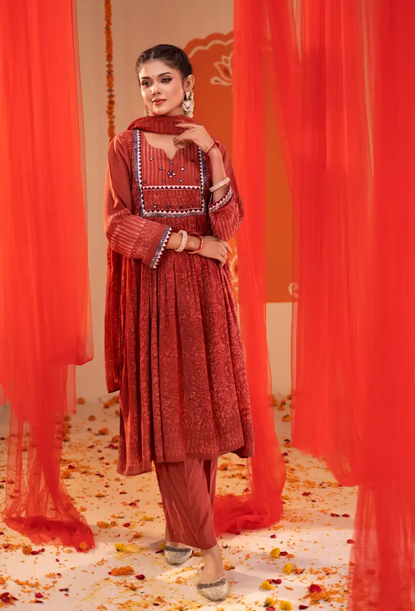 Women's Premium 3-Piece Rust Red Printed Anarkali Suit Set with Matching Dupatta