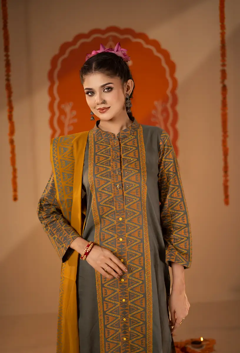 Women's Premium Embroidered Mustard & Charcoal Grey Three-Piece Set Mustard Yellow gallery image