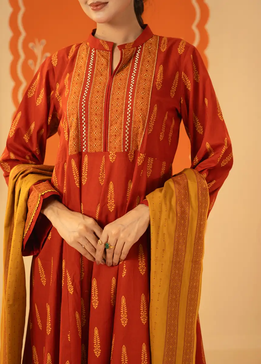 Women's Premium Red & Mustard Yellow Printed Three-Piece Suit Set Red gallery image
