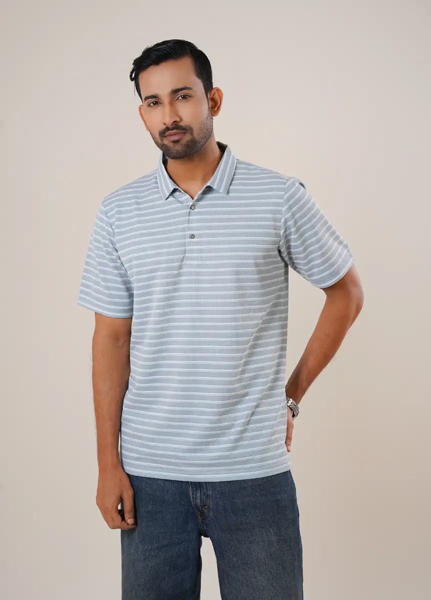 Men's Premium Sky Blue Striped Casual Polo
