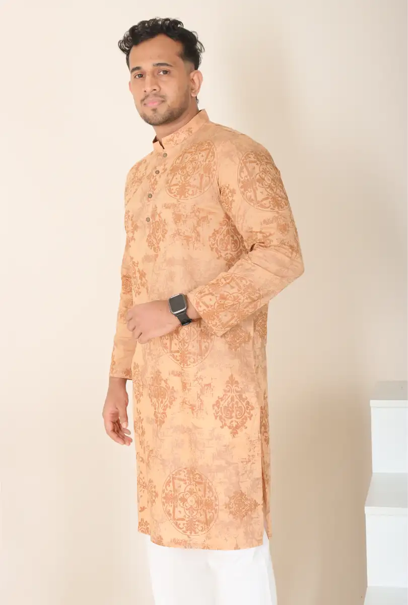 Men's Premium Peach Traditional Floral Damask Pattern Cotton Panjabi