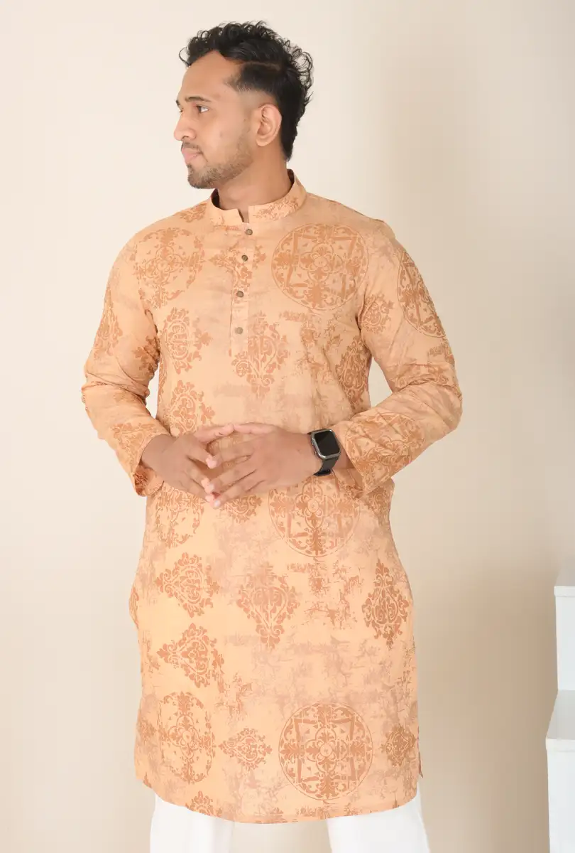 Men's Premium Peach Traditional Floral Damask Pattern Cotton Panjabi Peach gallery image