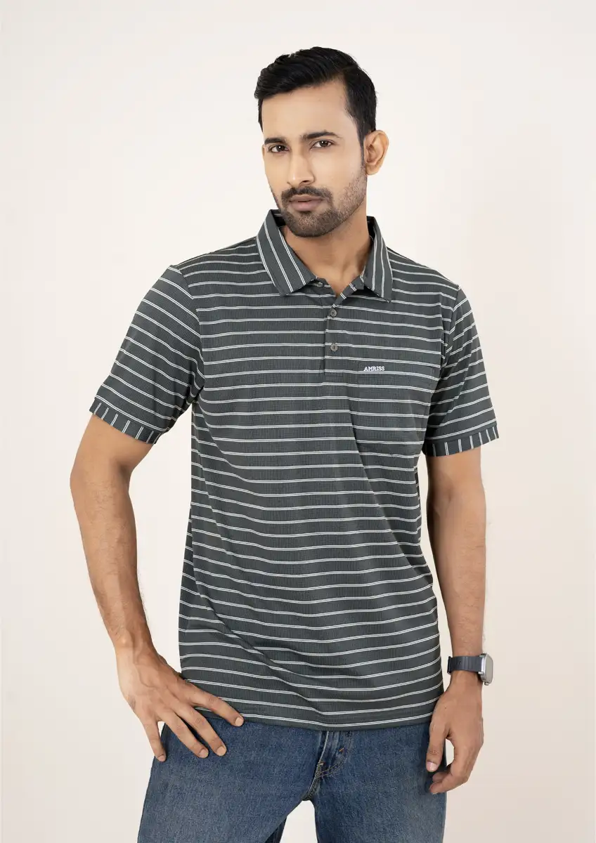 Men's Premium Dark Charcoal Grey with White Stripes Textured Polo Shirt