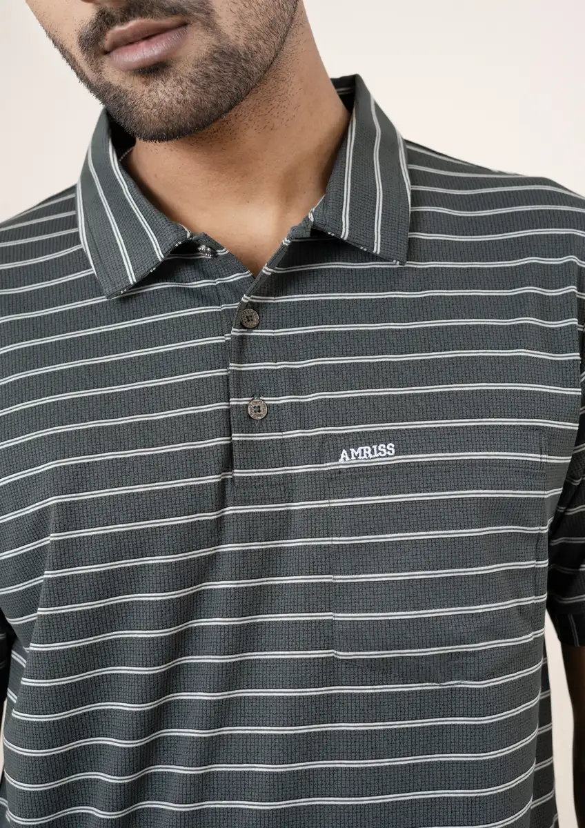 Men's Premium Dark Charcoal Grey with White Stripes Textured Polo Shirt Dark Charcoal Grey gallery image
