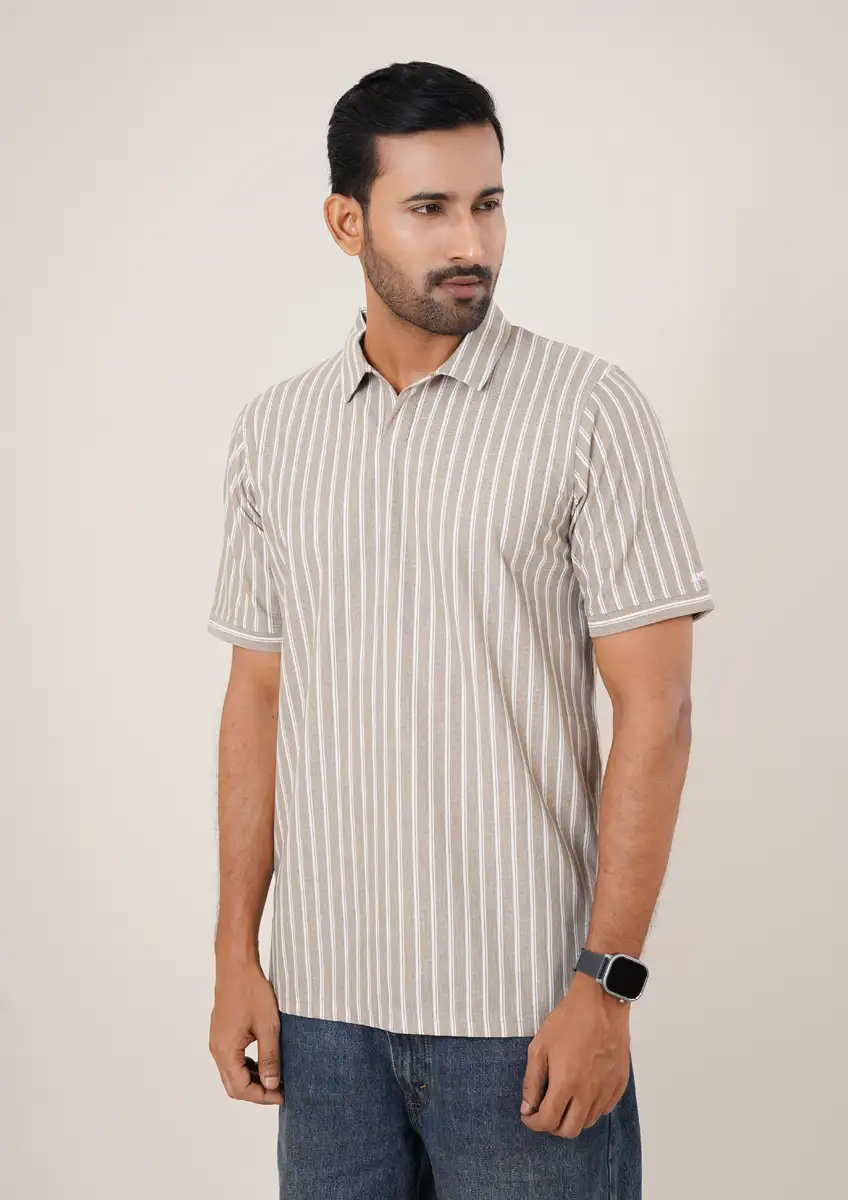 Men's Premium Beige Vertical Stripe Casual Polo