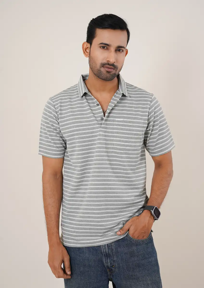Men's Premium Grey Striped Textured Short Sleeve Casual Polo