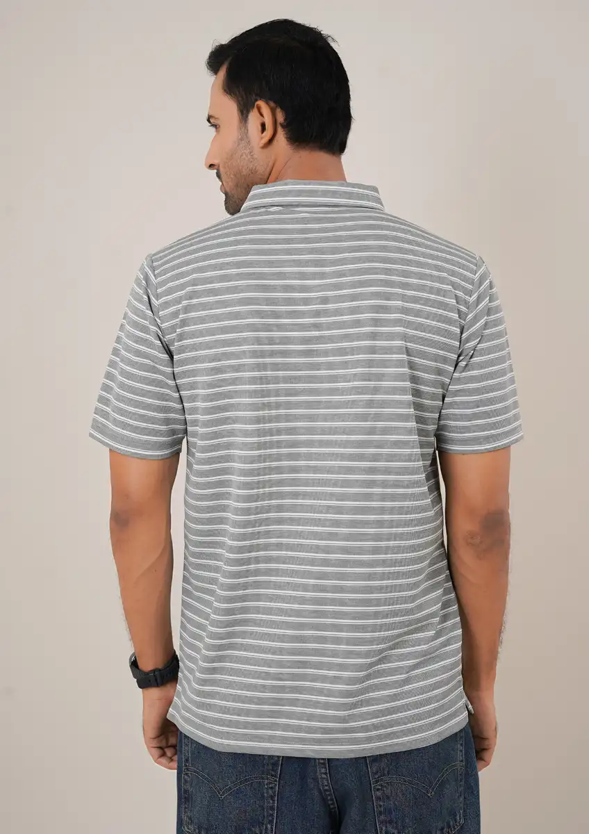 Men's Premium Grey Striped Textured Short Sleeve Casual Polo Light Gray gallery image