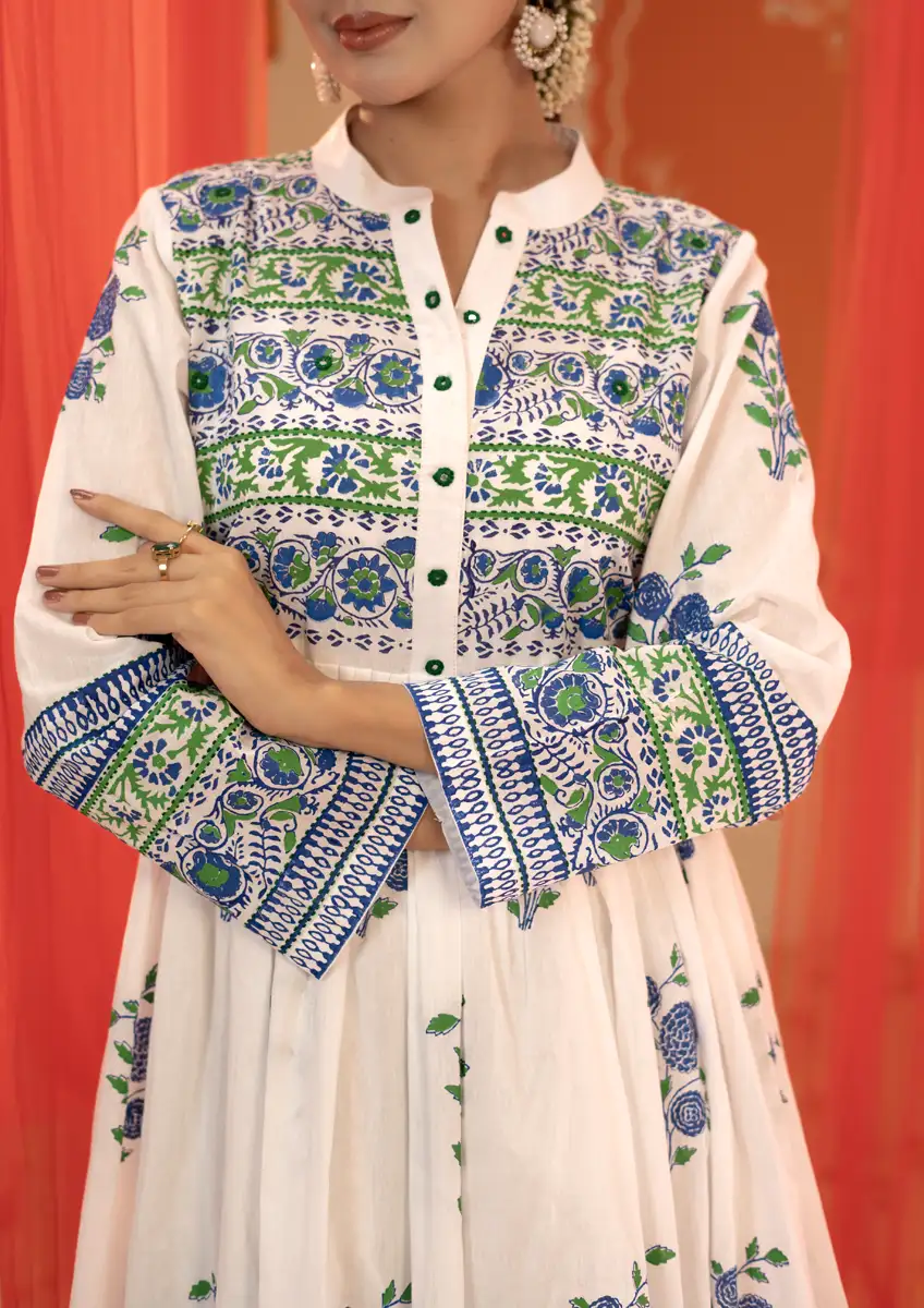 Premium Blue & Green Tunic A-line Floral Printed Co-Ord Set White gallery image