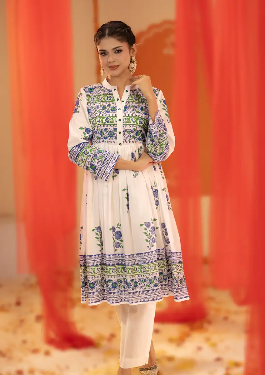 Premium Blue & Green Tunic A-line Floral Printed Co-Ord Set
