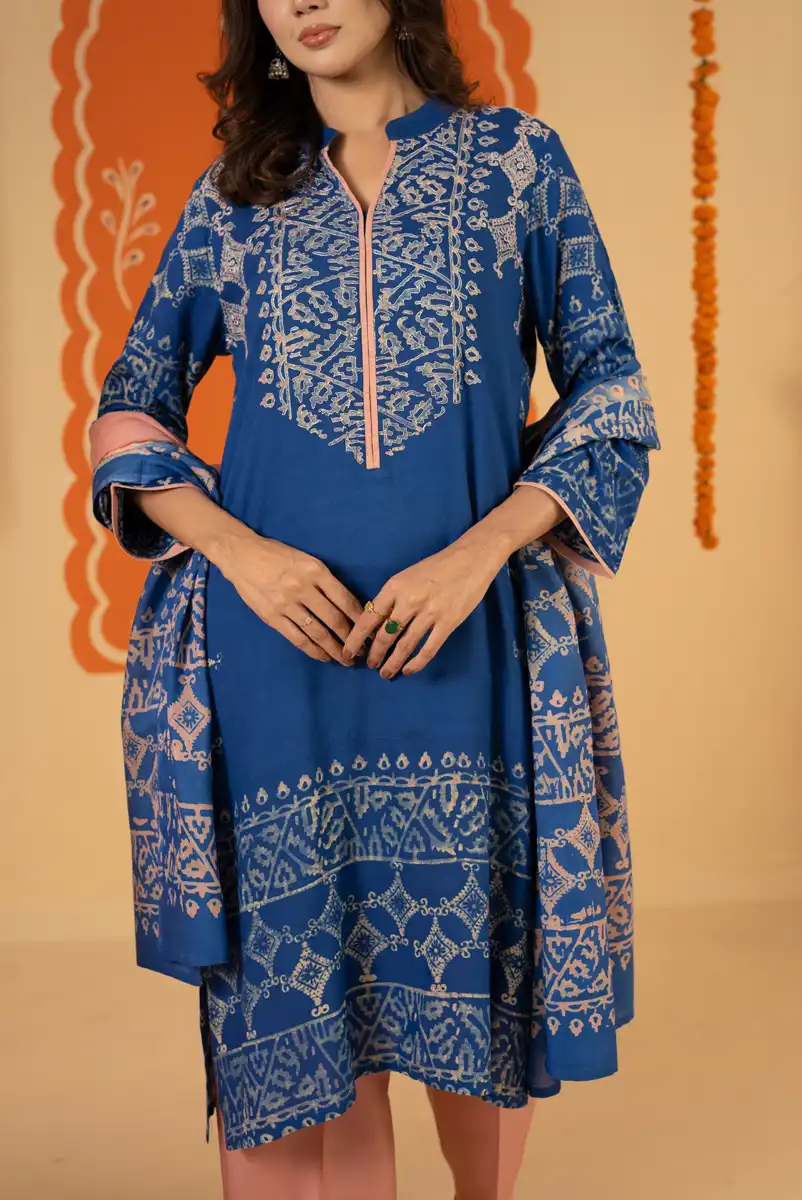Royal Blue Printed Cotton Kurta 3-Piece Set with Matching Dupatta Royal Blue gallery image