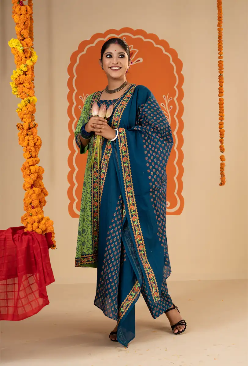 Women’s Premium Floral Printed 3-Piece Suit Lime Green Kurta with Navy Blue Trouser & Dupatta