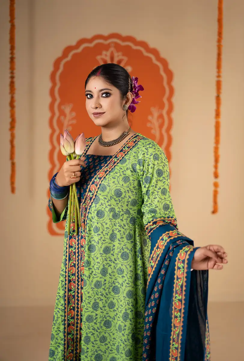 Women’s Premium Floral Printed 3-Piece Suit Lime Green Kurta with Navy Blue Trouser & Dupatta Burgundy gallery image