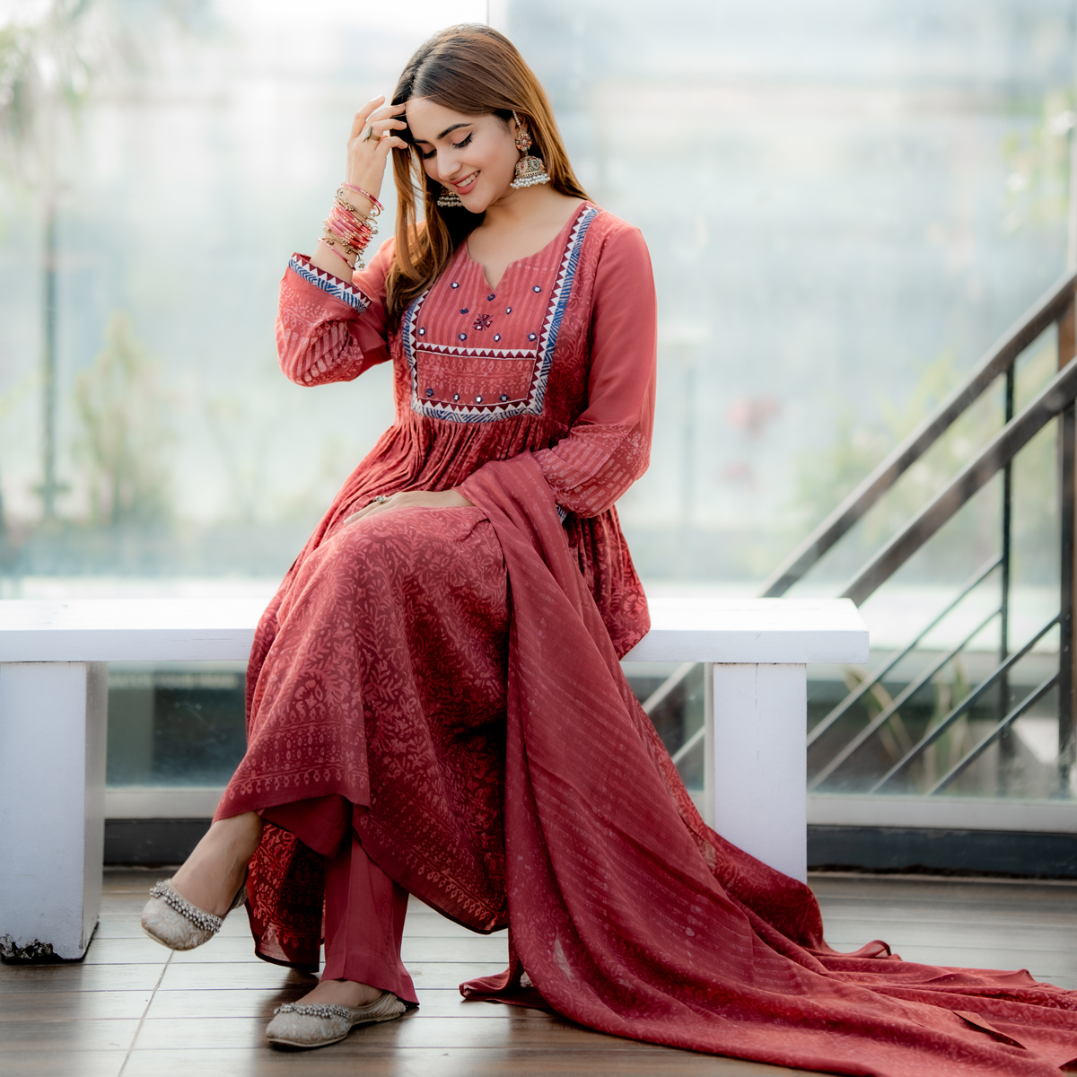 Women's Premium 3-Piece Rust Red Printed Anarkali Suit Set with Matching Dupatta