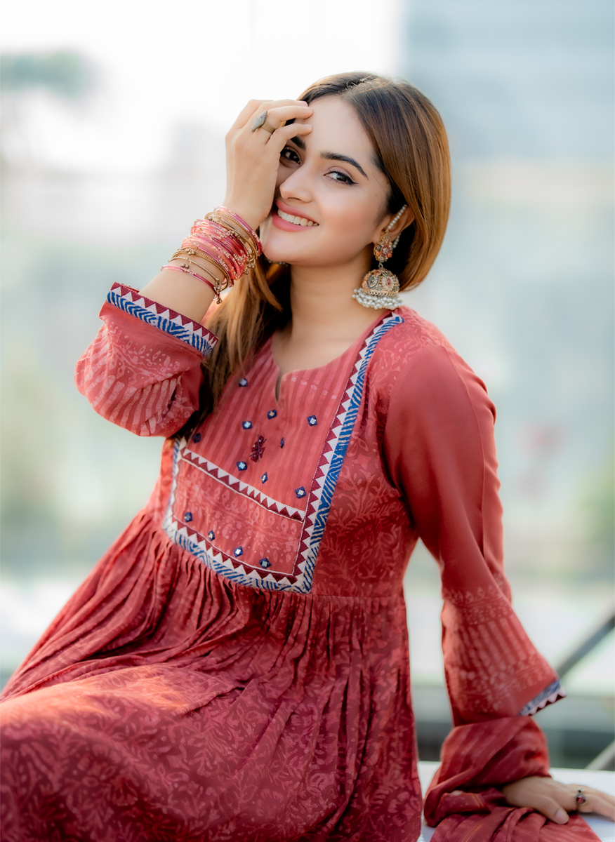Women's Premium 3-Piece Rust Red Printed Anarkali Suit Set with Matching Dupatta Terracota gallery image