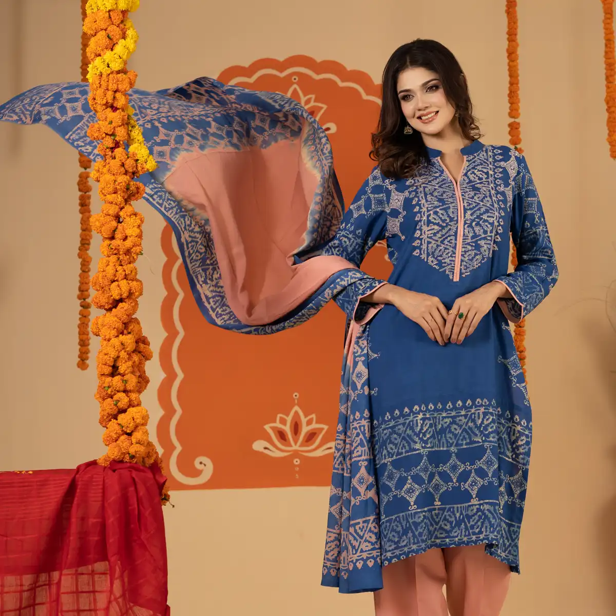 Royal Blue Printed Cotton Kurta 3-Piece Set with Matching Dupatta
