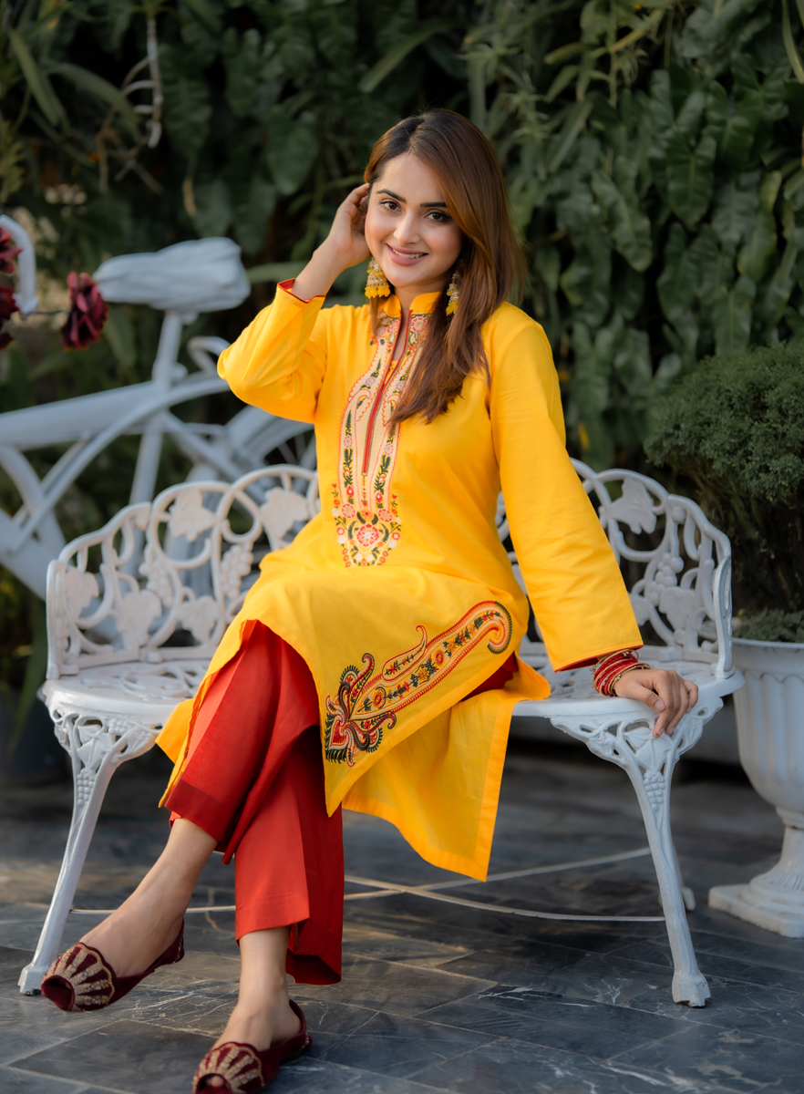 Women’s Mustard Yellow Embroidered Co-Ord Set Floral Kurta with Contrast Red Trousers